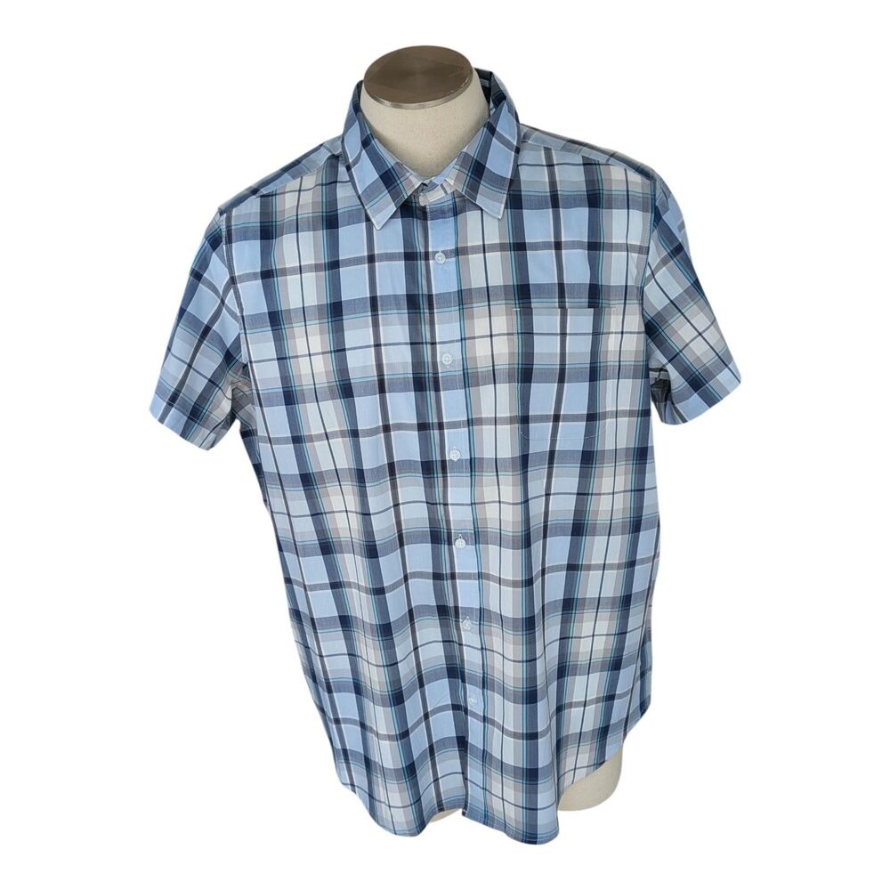 George Mens Shirt 2XL Blue Plaid Button Down Casual Short Sleeve Pocket Classic